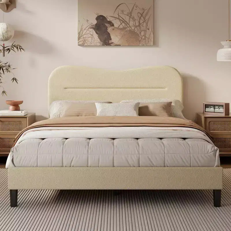 Queen Size Bed Frame with Headboard Beige Teddy Boucle Fabric Upholstered Platform Bed Soft Cloud Marshmallow Design No Box Spring Needed Wood Slats