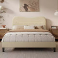 Queen Size Bed Frame with Headboard Beige Teddy Boucle Fabric Upholstered Platform Bed Soft Cloud Marshmallow Design No Box Spring Needed Wood Slats