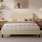 Queen Size Bed Frame with Headboard Beige Teddy Boucle Fabric Upholstered Platform Bed Soft Cloud Marshmallow Design No Box Spring Needed Wood Slats