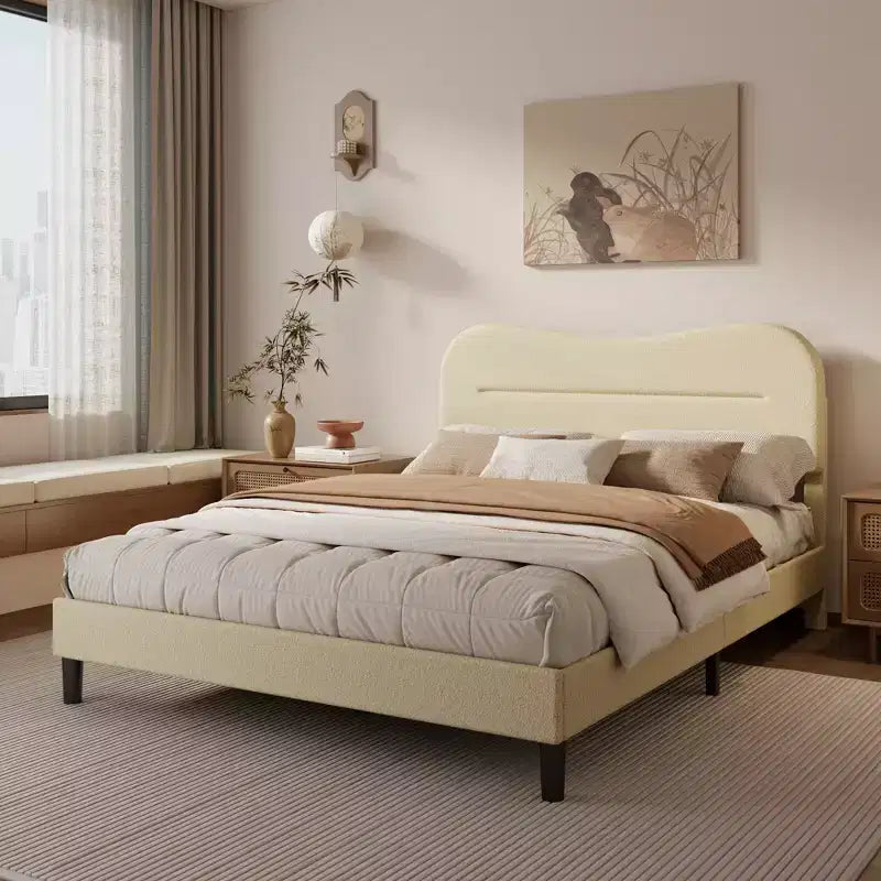 Tête de lit lit plateforme rembourré en tissu bouclé Teddy beige