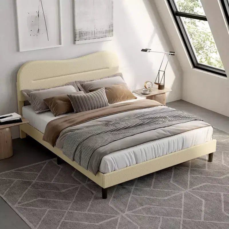 Tête de lit lit plateforme rembourré en tissu bouclé Teddy beige