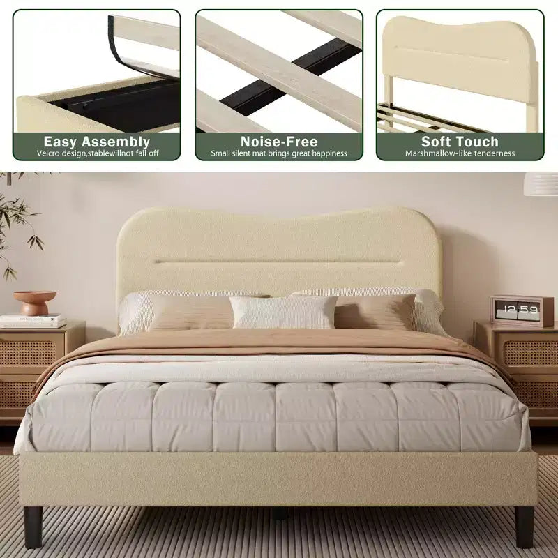 Tête de lit lit plateforme rembourré en tissu bouclé Teddy beige