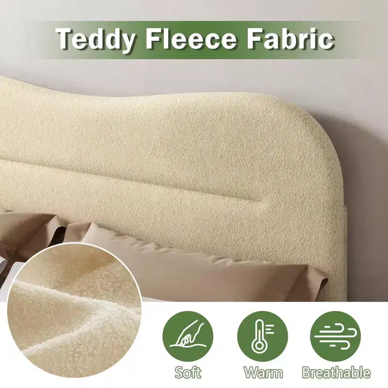 Tête de lit lit plateforme rembourré en tissu bouclé Teddy beige