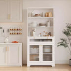 62 Farmhouse Pantry Cabinet with Glass Doors,3-Tier Open Shelf & Drawer, Adjustable Shelves for Kitchen, Dining Room Storage Organizer