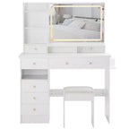 Makeup Vanity Desk with Mirror and Light, Dresser Desk Padded Stool Set, Makeup Vanity with Charging Station, Adjustable Brightness