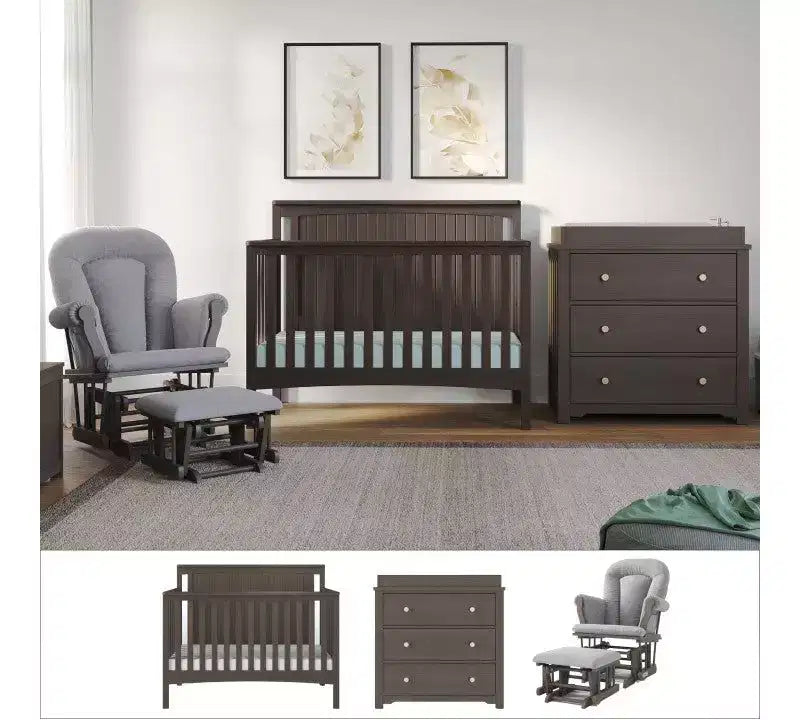 Lit de bébé convertible, commode avec plateau à langer et fauteuil à bascule confortable