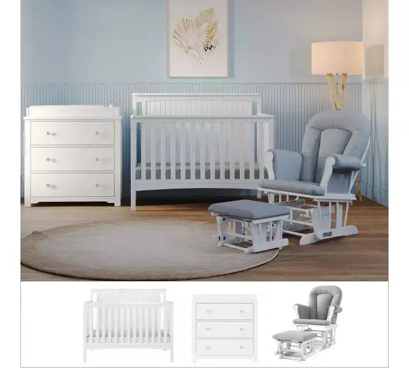 Child Craft Scout 3-Piece Nursery Set with 4-in-1 Convertible Crib, Dresser with Changing Table Topper, and Cozy Glider