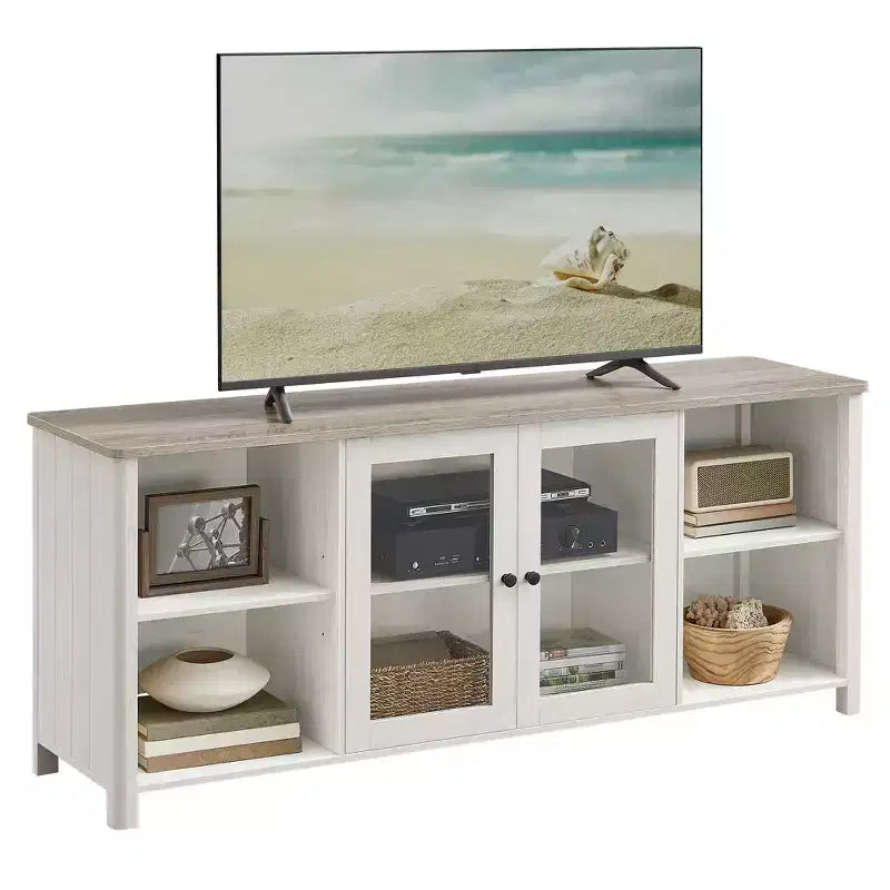 VASAGLE TV Stand for TVs up to 65 Inches, TV Cabinet with Open Shelves, Closed Cabinet, Glass Doors, Rustic White and Heather Greige