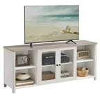 VASAGLE TV Stand for TVs up to 65 Inches, TV Cabinet with Open Shelves, Closed Cabinet, Glass Doors, Rustic White and Heather Greige