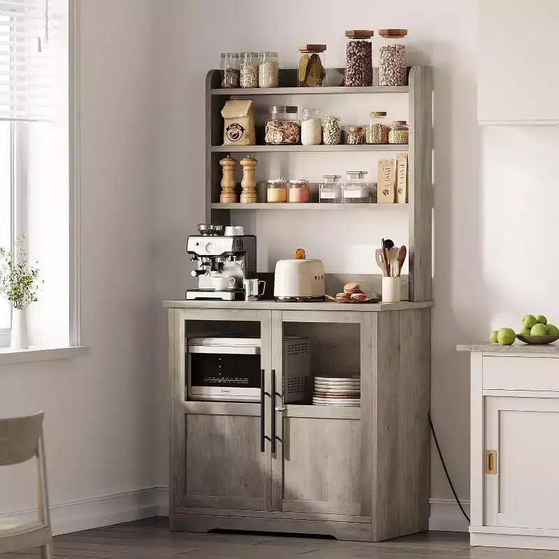 6-Tier Kitchen Bakers Rack With Storage Cabinet Microwave Oven Stand Pantry Hutch With Door Tall Versatile Storage Shelf Farmhouse Coffee Bar Cabinet